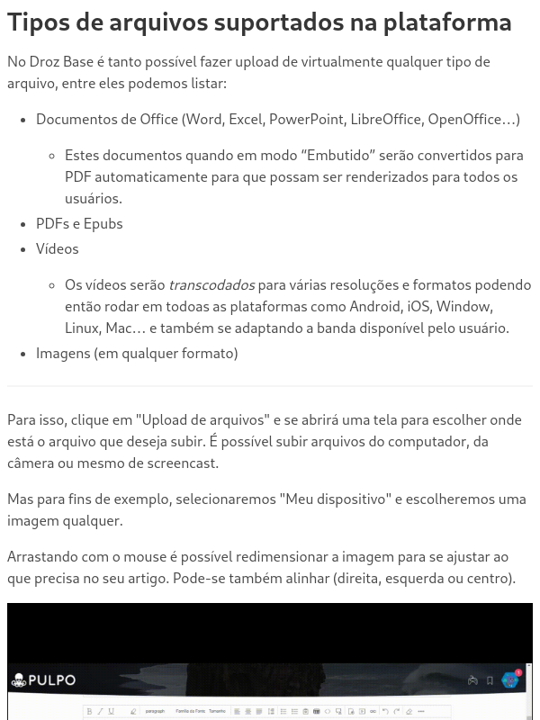Tipos de arquivos suportados na plataforma