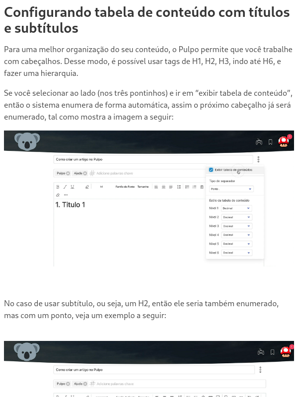 Configurando tabela de conteúdo com títulos e subtítulos